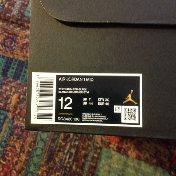 Air Jordan 1 Mid Men's Black, White & Red Leather Sneakers - 12 - New in Box - Picture 9 of 10